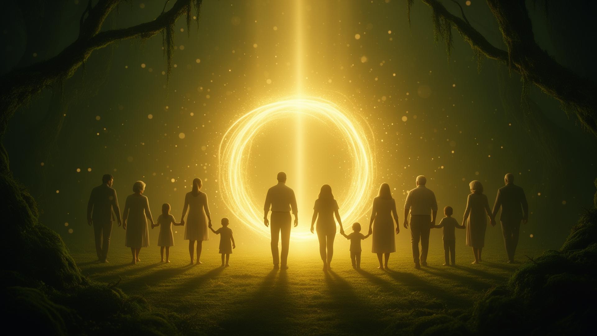 Portal de luz dourada com silhuetas de famílias diversas caminhando juntas em direção à harmonia